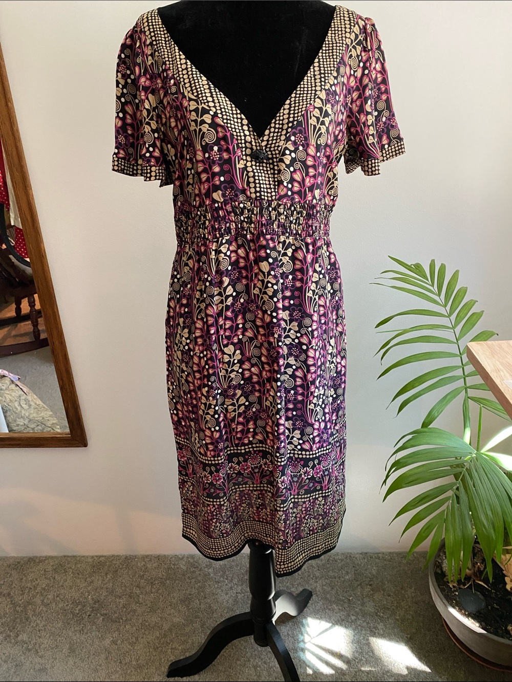 Max & Co. 100% Silk Purple Floral & Polka Dot V-Neck Smocked Midi Dress